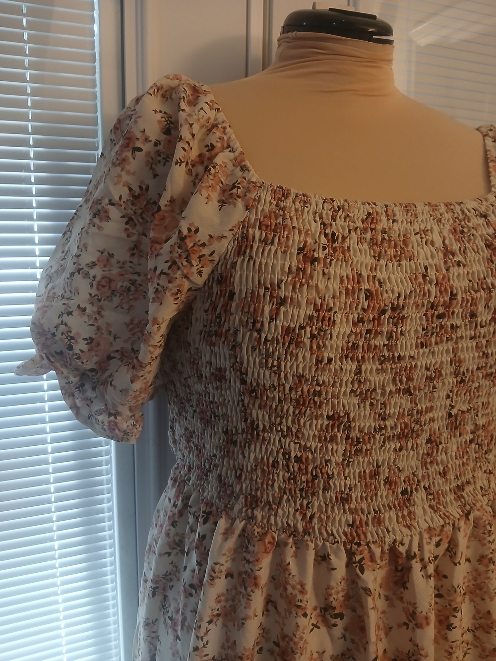 Cream and Pink Roses Smocked Prairie Midi Dress